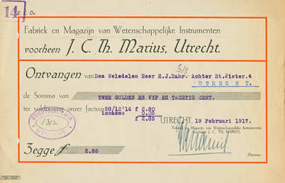 711771 Kwitantie van voorheen J.C.Th. Marius, Fabriek en Magazijn van Wetenschappelijke Instrumenten, Ganzenmarkt 8-10 ...